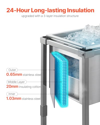 Image of VEVOR Commercial Ice Bin, Underbar Ice Bin, Stainless Steel Ice Chest with Sliding Lid, Bottle Holders, Adjustable Bullet Feet, Cooler Cart Cocktail Unit for Bar Restaurant Pub