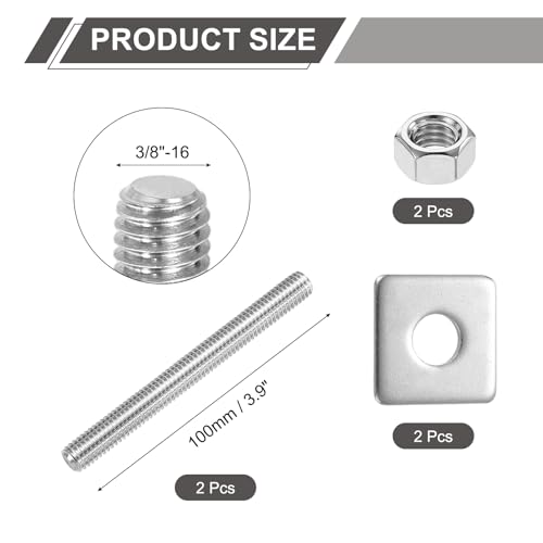 QUARKZMAN 2pcs Tige Filetée Complète 3/8"-16 UNC, 100mm/3.9" Tiges Filetées à Mouvement Linéaire Droite Acier Inoxydable 304 avec Écrous Hexagonaux Rondelle Carré pour Serre-Joints U-Boulons – vue 2
