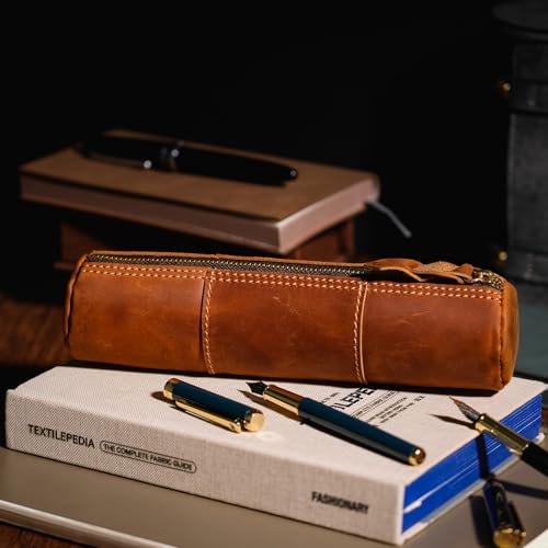 Image of ECHSRT Genuine Leather Pencil Pouch for Adults, Slim Cylinder Case, Brown | Full-Grain Cowhide Leather, Crazy Horse Finish, Slim Cylinder Design, Single Zipper, Vintage Pen Organizer for Adults