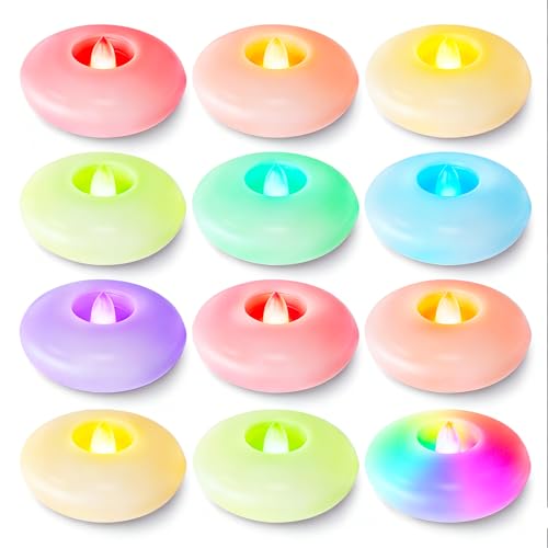 Image of Homemory 12 Pack 3 inch Flameless Led Floating Candles, 200 Hour 7-Color Changing Battery Operate Waterproof Tealights for Cylinder Vases, Centerpieces at Wedding Decor, Party, Pool