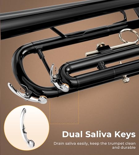 Vangoa Bb Trumpet Brass Standard Black Trumpet Instrument for Student School Band Orchestra Adult Kid Beginner with Hard Case, Stand, Cleaning Kit, White Gloves, Valve Oil and 7C Mouthpiece
