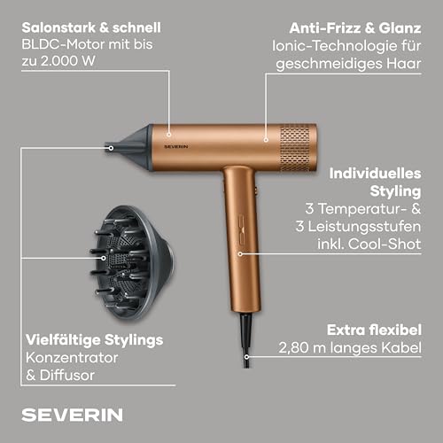 Sèche cheveux ionique professionnel SEVERIN Moteur puissant BLDC Diffuseur & concentrateur magnétiques 2 - vue 3