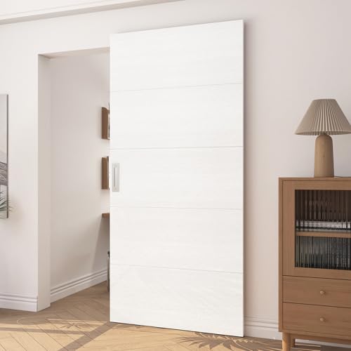 JUBEST 40'x86' Concealed Sliding Barn Door with Horizontal Groove and Soft Close Hardware Kits, White Flush Hidden Door for Opening 32'-36'x84', Waterproof and Smooth Sliding, for Interior Using
