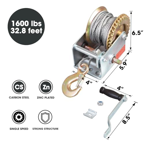 Big RED Heavy Duty Manual Hand Crank Winch: 32.8ft Nylon Strap for Boats, Trailers, Trucks, ATVs, 1600 lbs. Capacity, Silver