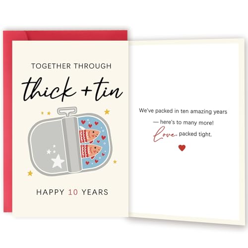 ICOOLYI Funny 10 Year Anniversary Cards Gifts for Him, Wife, Husband, Boyfriend, Girlfriend – Ten Year “Thick + Tin” Sardine Pun – Humorous 10th Anniversary Card Gift for Couple