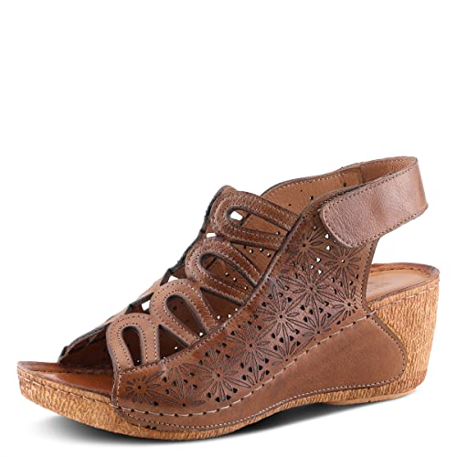 Image of Spring Step Inocencia Women's Leather Wedge Sandals | Low Heel Sandals for Women with Floral Laser Cut Design, Hook and Loop Strap, Mediterranean Style