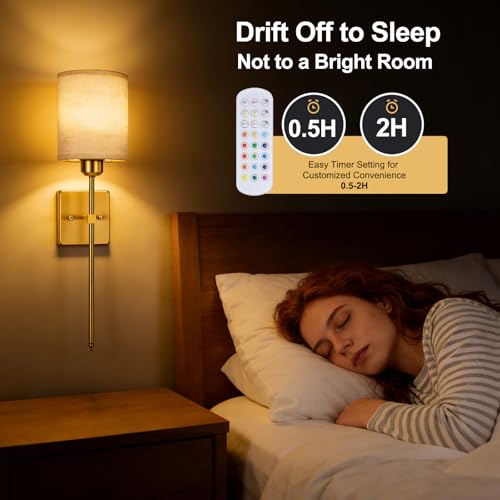 Image of Battery Operated Wall Sconce Set of 2, Wireless Wall Light Gold | Battery Operated Wall Sconce 5300mAh Rechargeable Dimmable Bulb, 12 Colors Wireless Wall Sconces for Bedroom Living Room