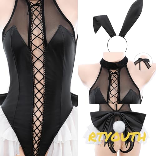 [RTYOUTH] バニーガール 大きいサイズ セクシー コスプレ バニー 光沢 ボディコン うさぎ衣装大胆 うさぎ耳 尻尾付き 小悪魔 SM コスチューム 仮装 大胆 穴あき 過激 ブラック - 画像6