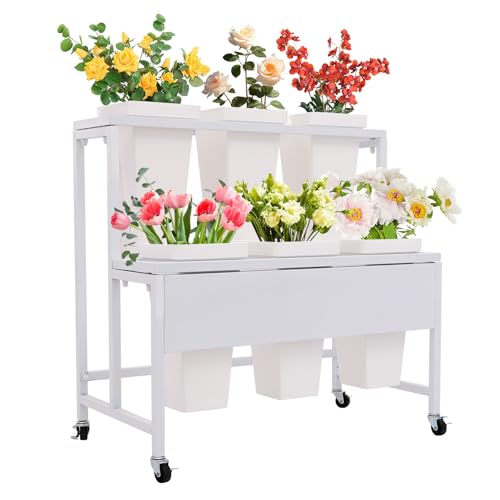 Support à fleurs en métal avec roulettes et 6 seaux étanches pour balcon et jardin