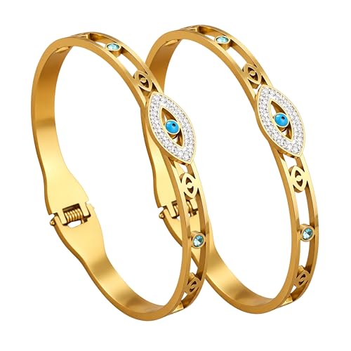 Image of Stylish Gold Plated Bangle for Women | Daily Use Stainless Steel Kada | Anti-Tarnish Waterproof Cuff | Multicolour Crystal Evil Eye | Daily Wear Bracelet For Womens | Premium Gift For Girl