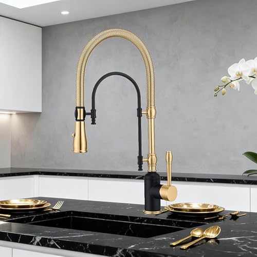 Image of Classical Commercial Copper Kitchen Faucet, Single Handle Spring High Arc with 360 Swivel Pull Down Spray, Finish & Deck Plate for Farmhouse Sink,Black+Brushed Gold
