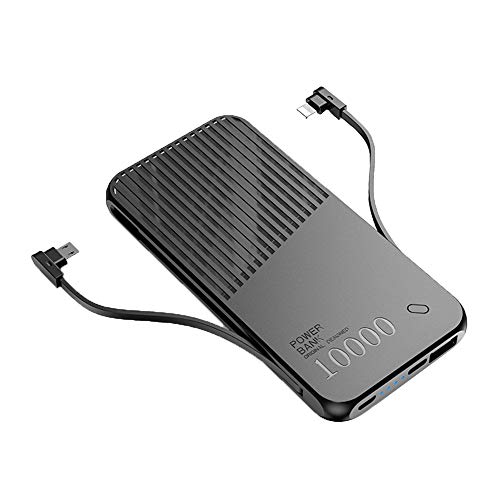 Ashey Power Bank 10000mAh, External Battery 2 USB 3 Type Free Charging Cable Charger Poverbank, Portable Charger Built in Two Cables, For Xiaomi
