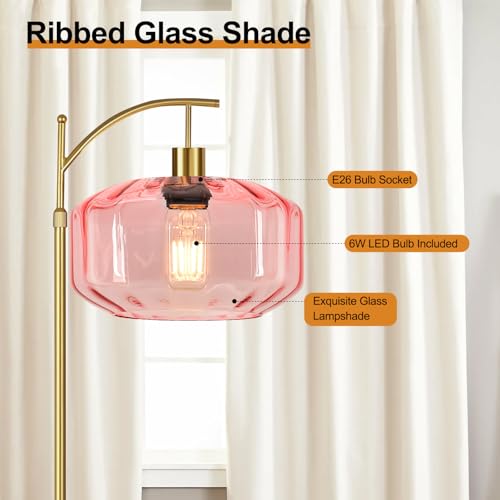 Image of Gold Floor Lamps for Living Room Bedroom,Glass Floor Lamp with Remote Control & Pink Lampshade,Arc Dimmable Floor Lamp Mid Century Modern Standing Lamp Vintage Tall Floor Lamps for Bedroom Corner
