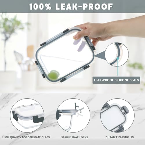 10 Pack Glass Food Storage Containers with Snap-Lock Lids for Meal Prep, 34 oz and 13 oz Sizes - Gray Set for Microwave/Oven/Freezer/Dishwasher - KAMOTA