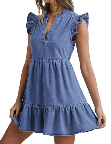 Denim Dress for Women Ruffle Short Sleeve V Neck Jean Mini Dress with Pockets3
