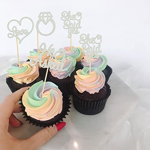 Gyufise 24 Pack Silver Glitter He Asked She Said Yes Cupcake Toppers Diamond Ring Heart Cake Picks For Wedding Engagement Party Cake Decorations #TOP3