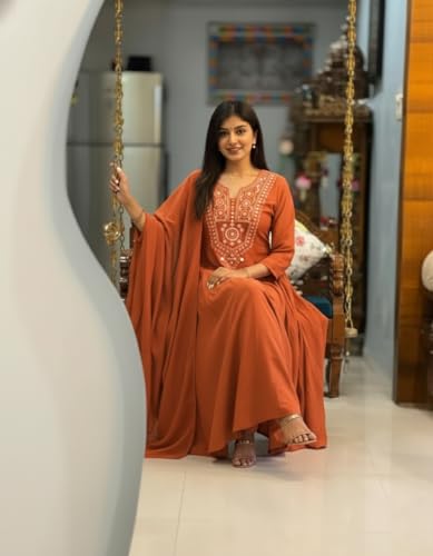 Image of ANNI Designer Women Viscose Embroidered Anarkali Kurta with Palazzo and Dupatta | Ladies Kurta Palazzo Dupatta Set | Ethnic Wear Indian Traditional Clothing for Women