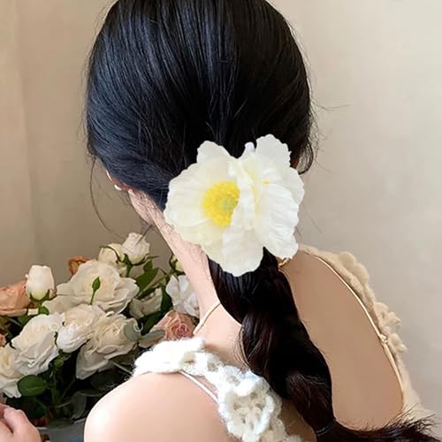 オフホワイトハワイアンフラワーヘアシュシュ2点、春夏フローラルヘアタイ、レディース、ハイビスカスフォームシルクシュシュ、ガールズヘアアクセサリーハワイトロピカル、ビーチパーティー用(オフホワイト)