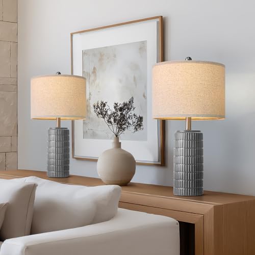 Image of PoKat 23 inch Ceramic Dark Gray Table Lamps Set of 2 for Living Room, Modern Bedside Lamps for Bedroom, Farmhouse Nightstand Lamp for Home Office Guest Room Sideboard Entryway Decor Gifts