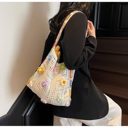 Crochet Knit Boho Shoulder Bag for women, Hollow Out Embroidery Crossbody Bag Tote Handbag for travel,beach,work2