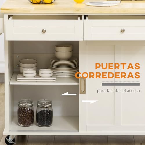 HOMCOM Carrito de Cocina Isla de Cocina Multifuncional con 4 Ruedas 2 Puertas Correderas 2 Cajones Estantes Ajustables y Barra de Colgar para Comedor Sala 110x49,5x89,5 cm Crema - imagen 6