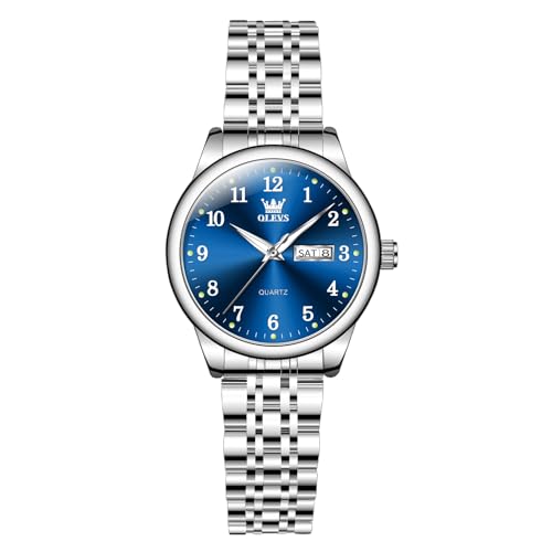 OLEVS Women's Watch Classic Blue Dial Stainless Steel Date Display Wrist Watches for Women Small Face Simplicity Silver Dress Cuff Watches Women Waterproof Luminous Analog Quartz Ladies Watches