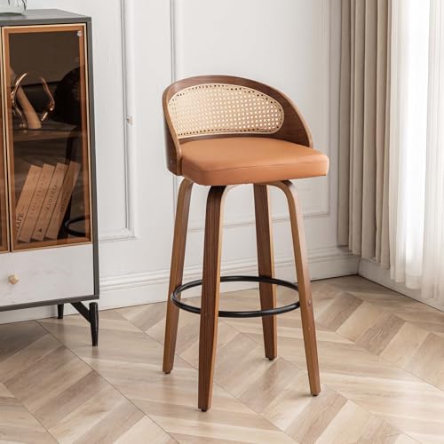 Image of 30 inch Swivel Rattan Bar Stools,Mid-Century Modern Faux Leather Upholstered Bar Height Stools Kitchen Island Barstool with Rattan Low Backrest,Walnut Wood Finish Bar Chairs,Orange PU,1PCS
