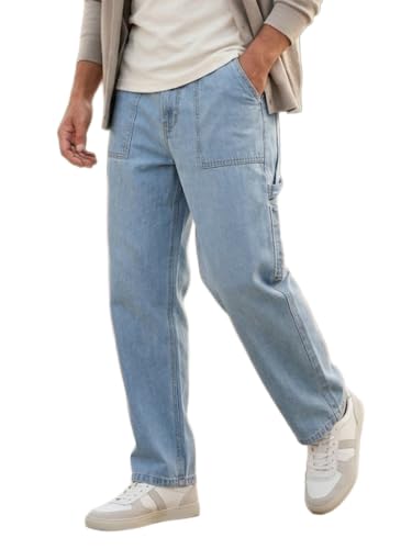 Image of Urbano Fashion Men's Loose Mid Rise Baggy Fit Cargo Carpenter Jeans with 6 Pockets Non-Stretchable