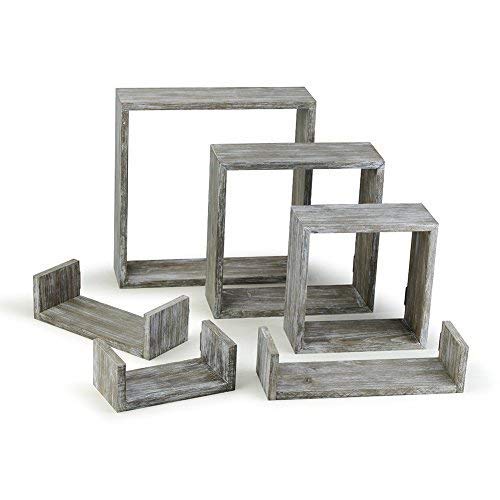 Rr Round Rich Design Floating Shelves Set Of 6 - Rustic Wood Wall Shelves With 3 Square Boxes And 3 Small U Shelves For Free Grouping Driftwood Finish #TOP1