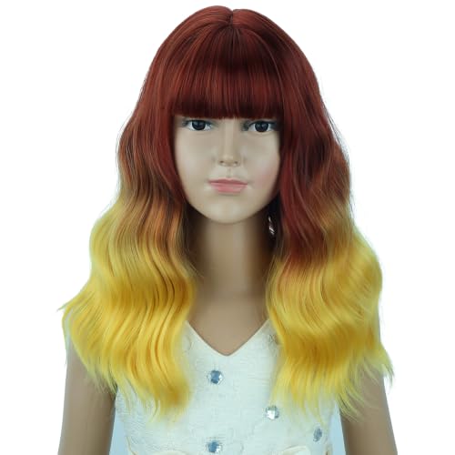 Image of Flame Wig Fire Wig with Bangs Short Wavy Curly Wigs Synthetic Cosplay Hair Wigs