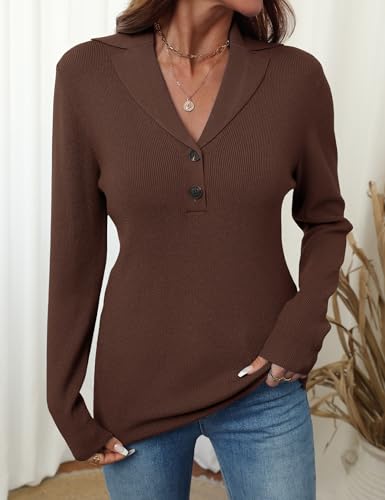 Image of LOMON Sweaters for Women 2025 Fall Knitted V-Neck Collared Button Pullover Dressy Casual Long Sleeve Polo Shirts Business