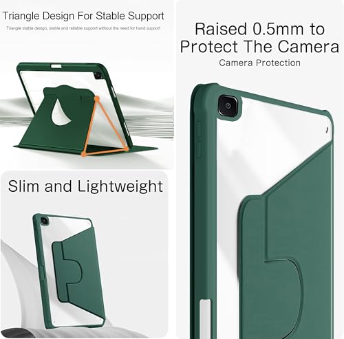 Image of TGK Rotating Case for Samsung Galaxy Tab S6 Lite 10.4 inch SM-P610 P615 P613 P619 with Pencil Holder Trifold Stand Cover Clear Back (Forest Green)