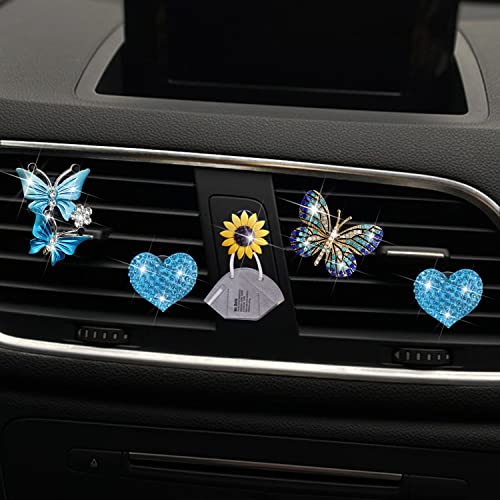 Image of Blue Butterfly & Heart Air Vent Clips, 4 Pcs Bling Butterfly Car Air Fresheners Vents Clips Car Diffuser Diamond Car Interior Decor Cute Car Accessories Car Decoration for Women +Sunflower Mask Hook