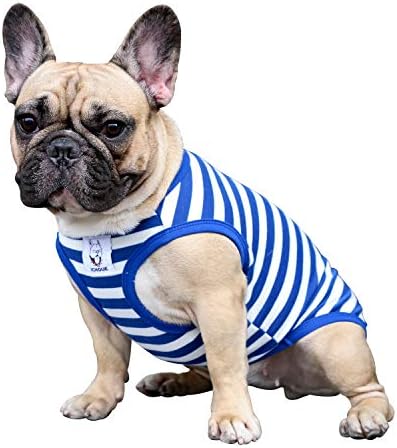 iChoue English Bulldog 100% Breathable Cotton Striped T Shirts Halloween Vest Clothes for Medium Dogs Tank Tops French Frenchie Pug Boston Terrier Pitbull White Blue Stripes - XLarge