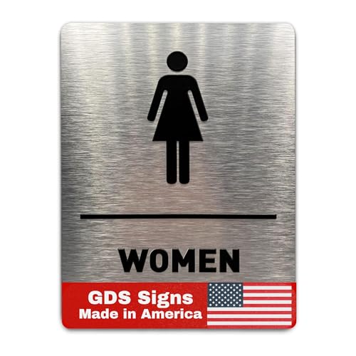 Women Bathroom Sign by GDS - ADA Compliant, Wheelchair Accessible, Raised Icons, & Grade 2 Braille - Includes Adhesive Strips for Easy Installation - Bathroom Signs for Business, Restroom Sign, Restroom Signs for Business - 6" W x 8" H (Brushed Aluminum) 