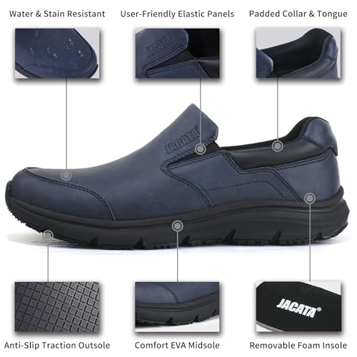 Image of Jacata Non Slip Black Work Shoes for Men Food Service Mens Water Slip Resistant Leather Slip on Chef Walking Shoes for Restaurant Kitchen Sneakers