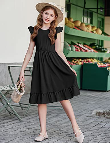 Flypigs Big Girls Trendy Dresses Summer Ruffle Sleeves Solid Holiday Beach Dress For 11-12 Years Kids Black #TOP3