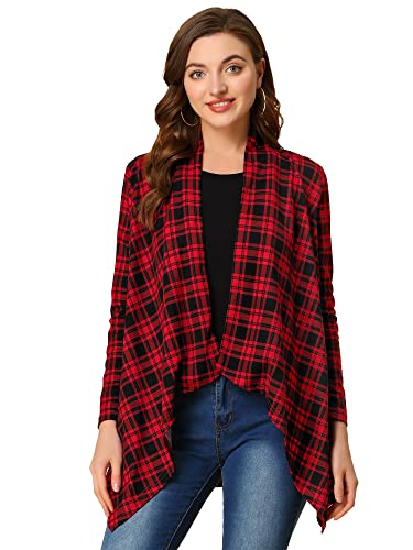Allegra K Women's Buffalo Plaid Asymmetric Kimono Open Front Cardigan Large Red #TOP24