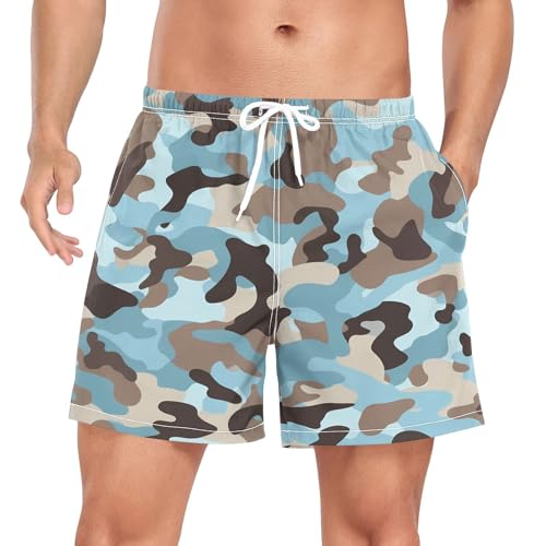 GuoChe Mens Beach Shorts Mens 2In1 Running Shorts with Phone Pocket Swimming Suit Quick Dry Elastic Camouflage Blue
