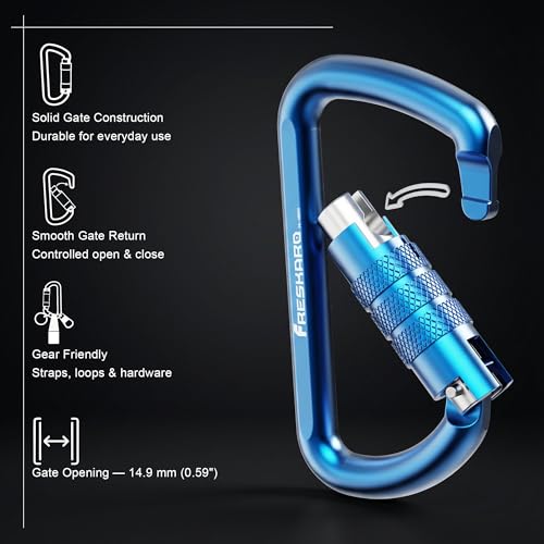 Image of FresKaro 3inch 12kN-2698lbs Auto Locking Carabiner Clips, Solid D Shape, Heavy Duty 7075 Aluminum, Lightweight 1.09oz, Rust Proof, for Hammock, Hiking, Dog Leash, Keychain etc., Multi-Colors