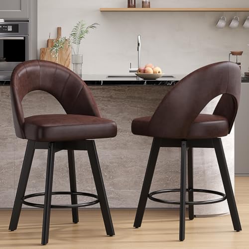 Image of YaFiti 24 inch Counter Height Bar Stools Set of 2, Modern Swivel Bar Stools with Ergonomic Curved Back, Faux Leather Seat & Solid Wood Legs, Saddle Brown