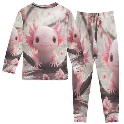 Pajama Sets Long Sleeve Pink Axolotl with Cherry Blossoms Soft Comfy Sleepwear 2 Piece PJS 3-8T3