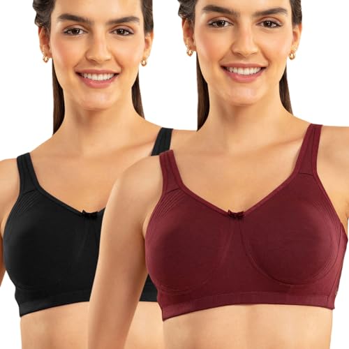 Image of NYKD (NYB169 Cotton Anti Microbial Non Padded & Non Wired Side Support Shaper Bra for Women | Full Coverage Bra with Detailed Contoured Lift & Shape with Wide Straps (Pack of 2)