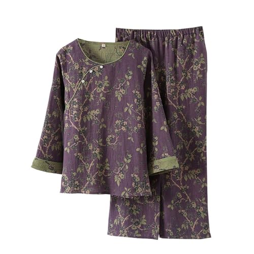 two piece lounge set for women japanese pajamas Japanese Sleepwear for Women 2025 Fashion Floral Print Kimono Pjs 2 Piece Long Sleeves Shirts Lounge Pants Pajama Sets Cute Comfy Loungewear A-purple
