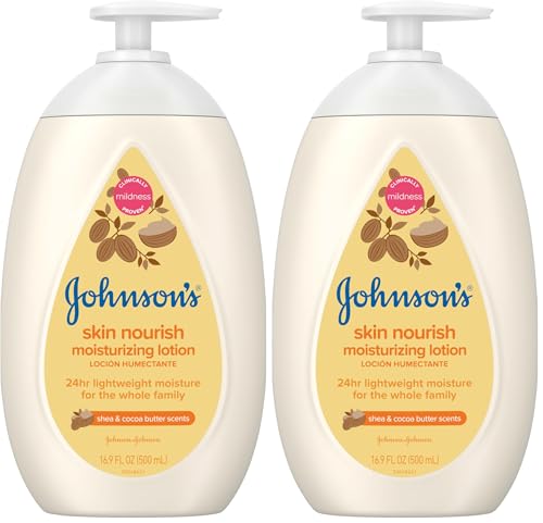 Image of Johnson's Baby Skin Nourish Moisturizing Baby Lotion for Dry Skin with Shea & Cocoa Butter Scents, Gentle & Lightweight Body Lotion for The Whole Family, Hypoallergenic, Dye-Free, 16.9 fl. oz
