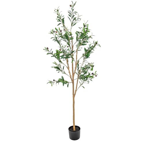 Sunnydaze Fake Olive Tree - 5ft Tall Faux Olive Tree with Pot - Indoor Artificial Plant with Black...