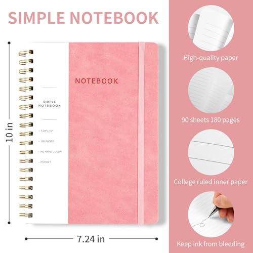 Image of Spiral Notebook - 7.24 inch x 10 inch College Ruled Journal with Inner Pockets and 180 Pages, PU Leather Cover Business Journal, Twin-Wire Binding Notebook Perfect for Office & Home School Supplies Pink