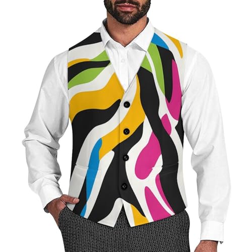Colorful Zebra Pattern Suit Vest for Men Waistcoat Dressy V Neck Button Down Sleeveless Business Jacket Coat