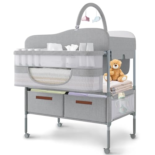 Baby Changing Table,Versatile Folding Changing Table,Waterproof/Foldable/Height Adjustable/Movable/with Silent Wheels/2 Drawers