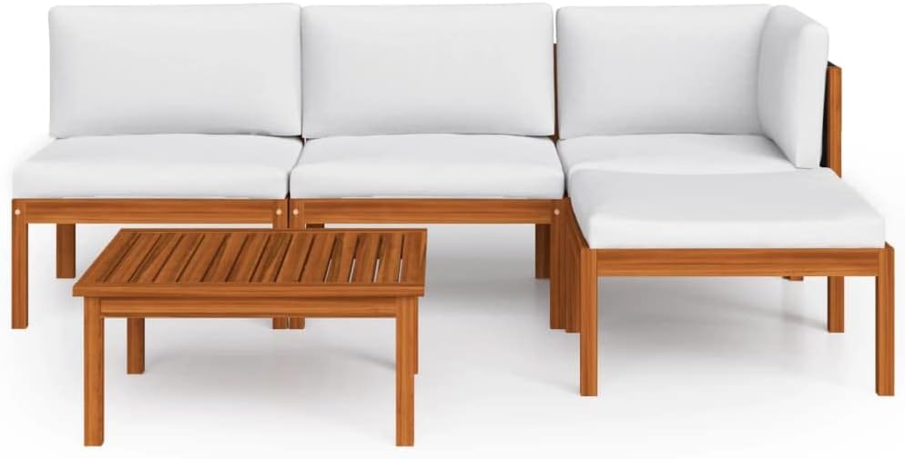 vidaXL Modern Patio Lounge Set - Solid Acacia Wood Construction - Cream White Cushions - Table, Corner & Middle Sofa Combination - Outdoor Garden Furniture